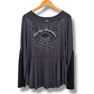 Harley Davidson Women's Lace Sleeve Peplum Bling Rhinestone Skull Top Size Large